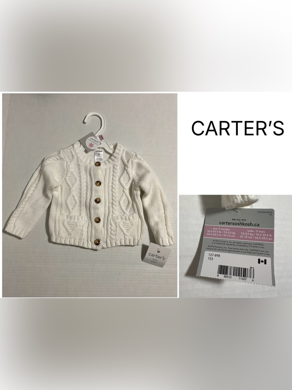 CARTER’S - 9M - NWT - INFANT GIRLS CREAM WHITE CHUNKY KNIT CARDIGAN SWEATER